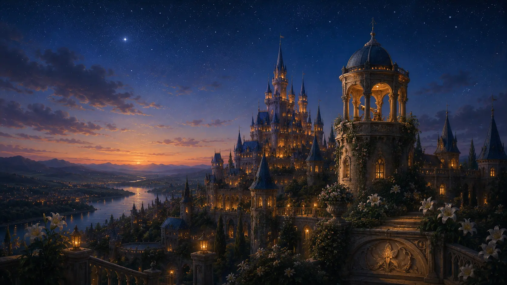 A starlit castle rising above a river valley at night