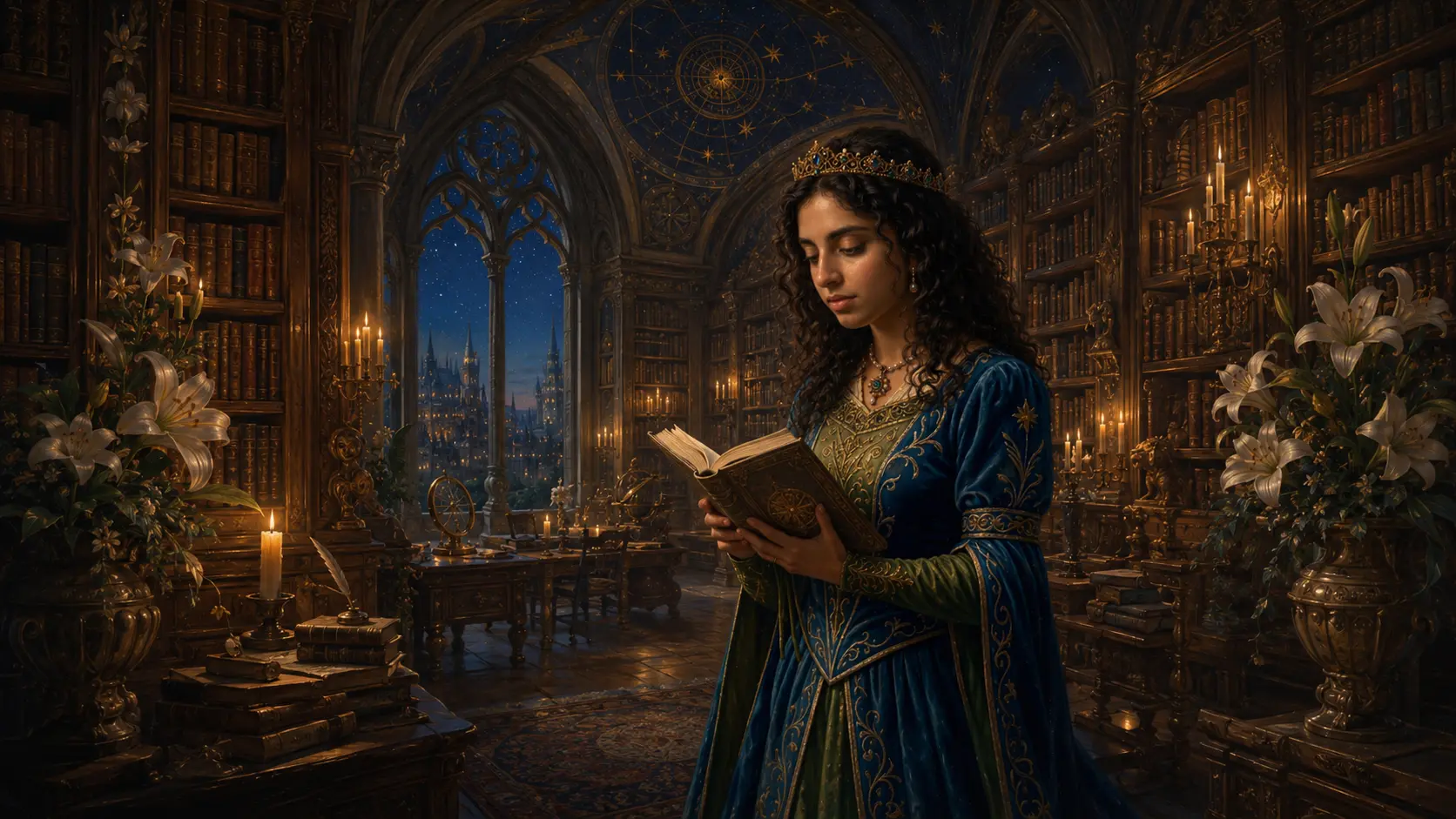 The princess reading as a royal scholar in a candlelit library