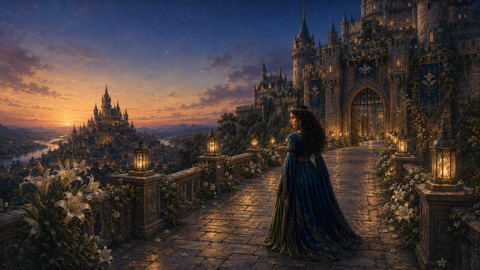 The princess on a lantern-lit path approaching the open castle gates