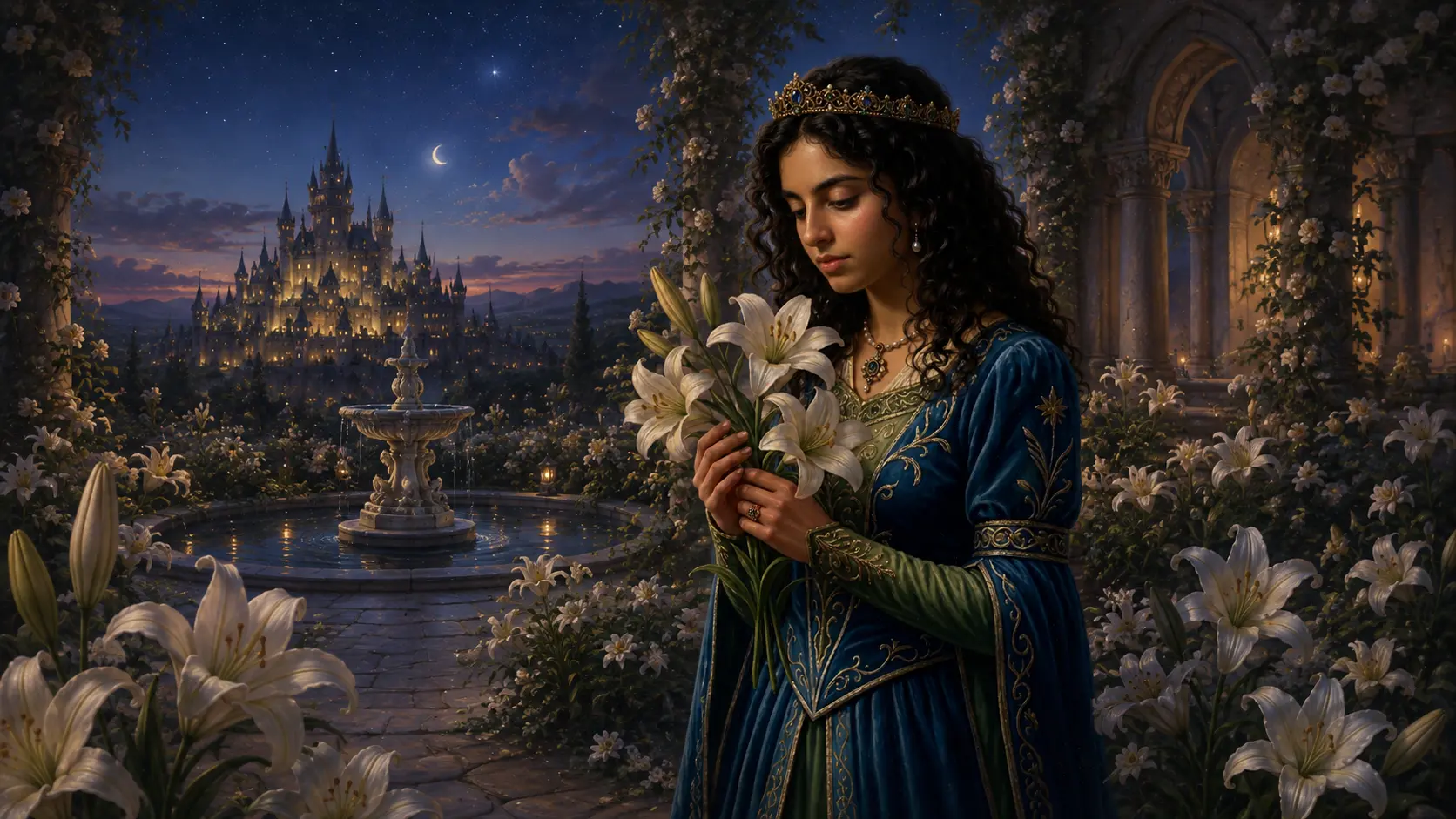 The princess among moonlit white lilies in the castle garden