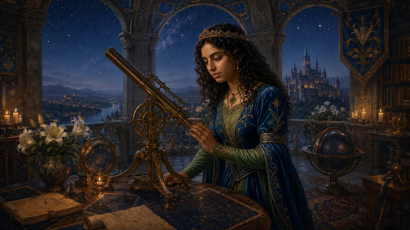 The princess as an astronomer at her telescope beneath a field of stars