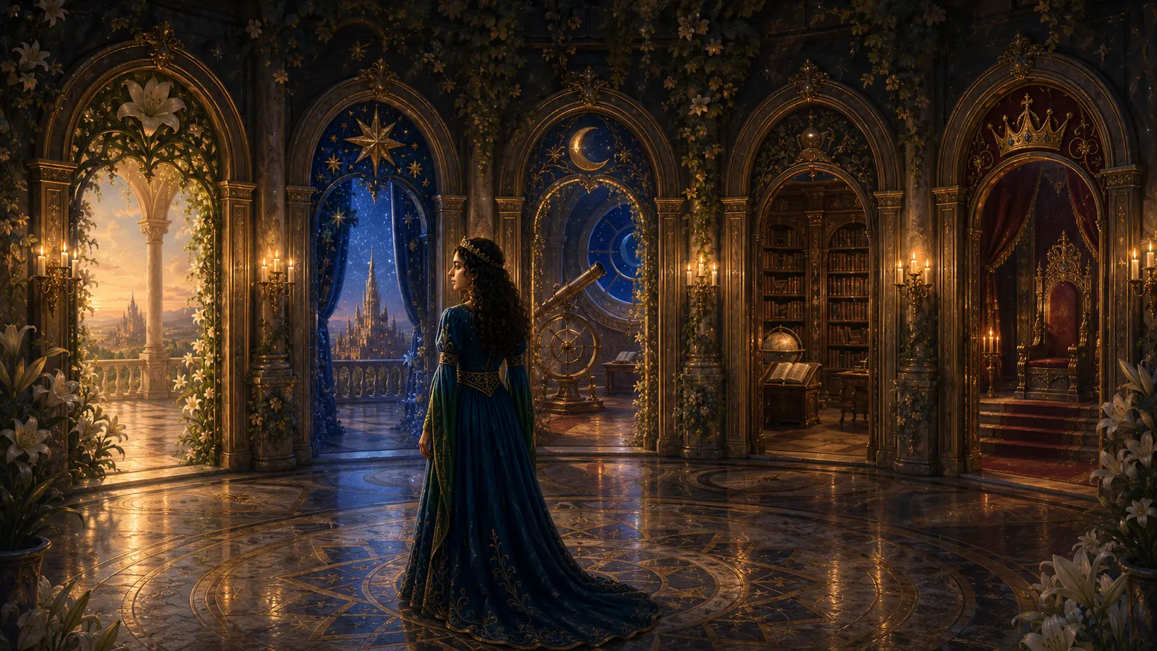 The princess standing before five glowing enchanted portals