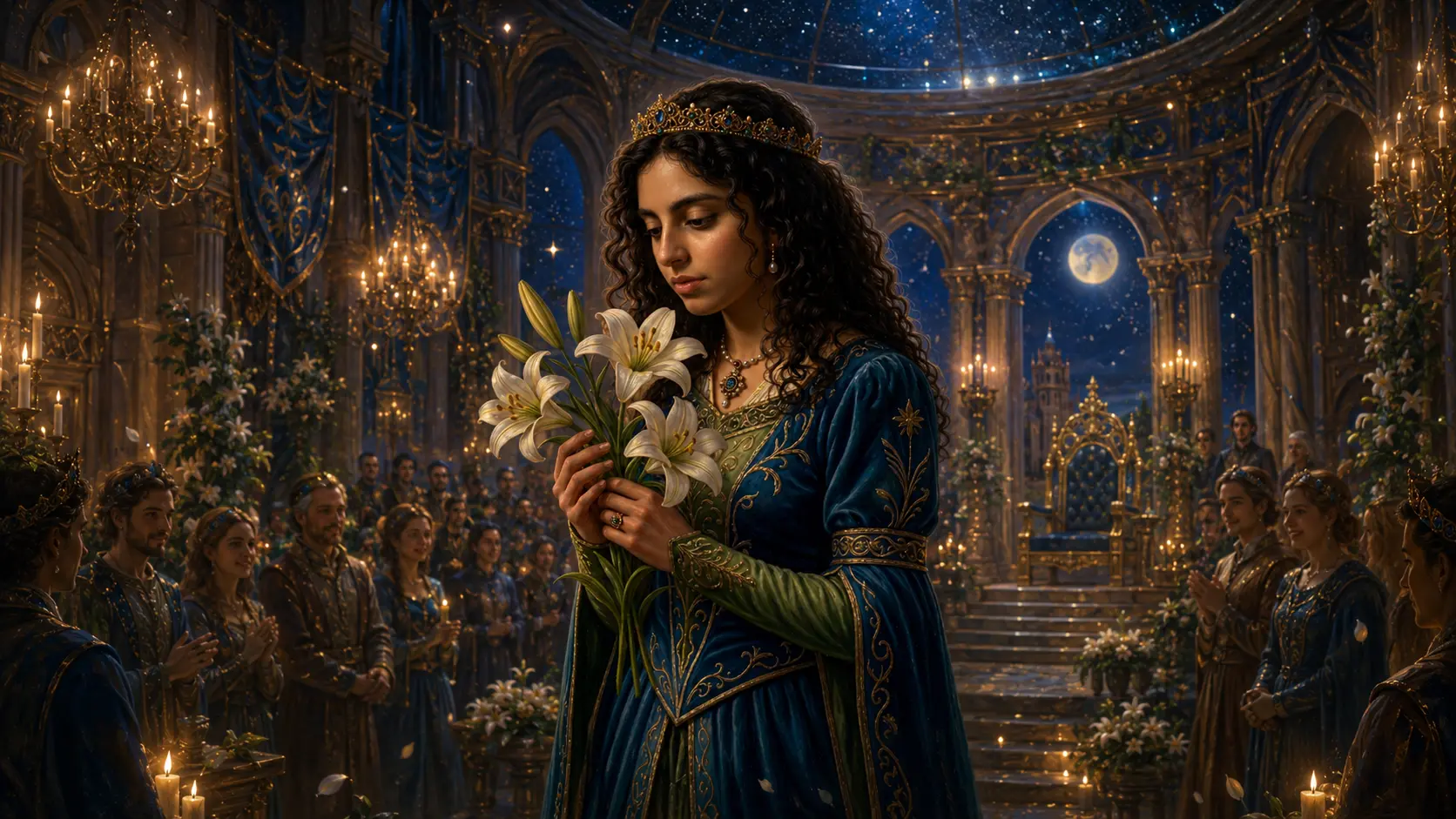 The crowned princess with lilies in a candlelit celebration hall